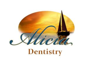 Alicia Dentistry logo — cursive name over sunset sailboat scene
