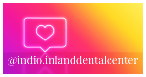 Instagram social graphic — glowing heart icon with handle @indio.inlanddentalcenter