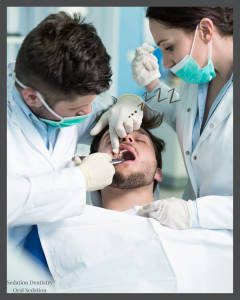 Dentist and assistant treating sleeping patient — “zzz” indicates sedation or comfort